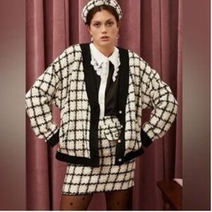 Sister Jane Black White Tweed Pearl Button Boxy Cardigan Jacket Nwt XL